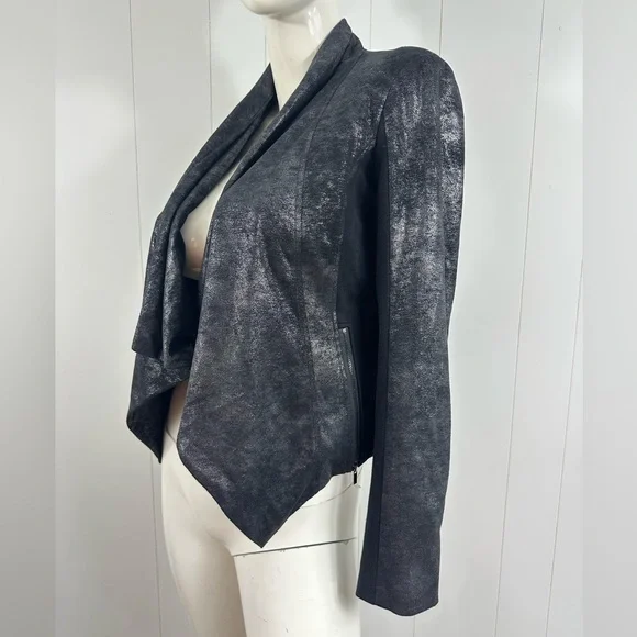 Cache Sz S Black Coated Drape Open Front Cardigan Sweater Side & Sleeve Zip - Picture 5 of 13